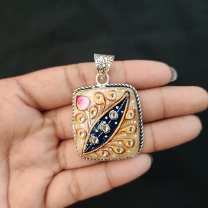 Navrabeads Premium Silver Finish Tanjore Pendant | Professional Quality Brass Base with Onyx Stone | Traditional Jewellery Making Pendant