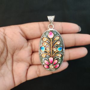Navrabeads Premium Silver Finish Tanjore Pendant | Professional Quality Brass Base with Onyx Stone | Traditional Jewellery Making Pendant