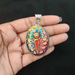 Navrabeads Premium Silver Finish Tanjore Pendant | Professional Quality Brass Base with Onyx Stone | Traditional Jewellery Making Pendant
