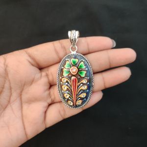 Navrabeads Premium Silver Finish Tanjore Pendant | Professional Quality Brass Base with Onyx Stone | Traditional Jewellery Making Pendant
