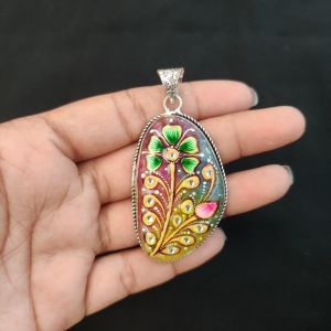Navrabeads Premium Silver Finish Tanjore Pendant | Professional Quality Brass Base with Onyx Stone | Traditional Jewellery Making Pendant