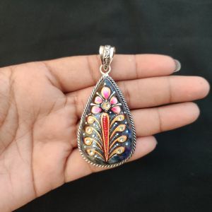 Navrabeads Premium Silver Finish Tanjore Pendant | Professional Quality Brass Base with Onyx Stone | Traditional Jewellery Making Pendant