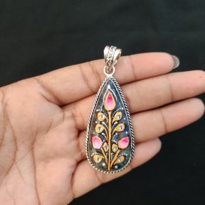 Navrabeads Premium Silver Finish Tanjore Pendant | Professional Quality Brass Base with Onyx Stone | Traditional Jewellery Making Pendant