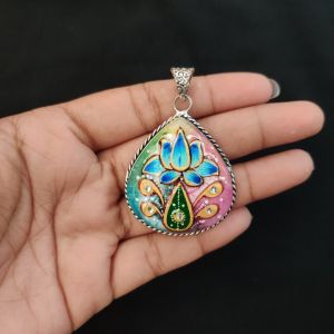 Navrabeads Premium Silver Finish Tanjore Pendant | Professional Quality Brass Base with Onyx Stone | Traditional Jewellery Making Pendant