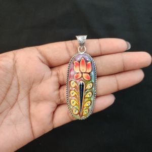 Navrabeads Premium Silver Finish Tanjore Pendant | Professional Quality Brass Base with Onyx Stone | Traditional Jewellery Making Pendant