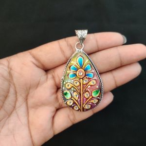 Navrabeads Premium Silver Finish Tanjore Pendant | Professional Quality Brass Base with Onyx Stone | Traditional Jewellery Making Pendant