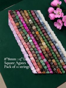 Navrabeads Natural Square Agate Beads 8mm | Premium Gemstone Beads for Jewellery Making | Pack of 11 Strings, 15 Inches | Approx. 45–50 Beads per String