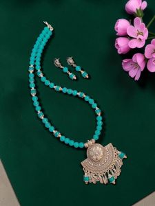 Navrabeads Radha Krishna Hand Painted Pendant Necklace with Japanese Beads & Square Agates – 20 Inch
