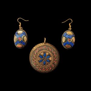 Tibetan Round Shaped Pendant, Blue,Red With Gold Designs and Earrings