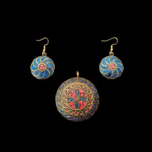 Tibetan Round Shaped Pendant Blue,Red With Gold Designs and Earrings