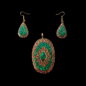 Tibetan Oval Shaped Pendant Green,Red With Gold Designs and Earrings