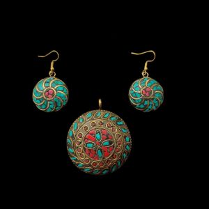 Tibetan Round Shaped Pendant green,Red With Gold Designs and Earrings