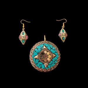 Tibetan Round Shaped Pendant Turquoise,Red With Gold Designs and Earrings