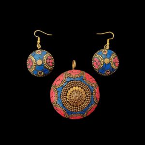 Tibetan Round Shaped Pendant Blue,Red With Gold Designs and Earrings