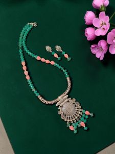 Navrabeads Quartz Pumpkin Bead Necklace with Tulip Flower Beads & Oxidised Silver Pendant