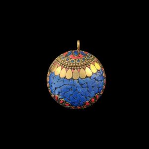 Tibetan Round Shaped Pendant Blue,Red With Gold Designs and Earrings