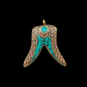 Tibetan Round Shaped Pendant Blue,Red With Gold Designs and Earrings