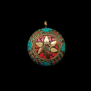 Tibetan Round Shaped Pendant Blue,Red With Gold Designs and Earrings