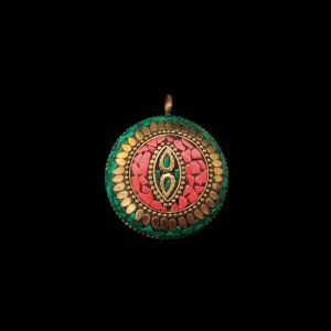 Tibetan Round Shaped Pendant Blue,Red With Gold Designs and Earrings