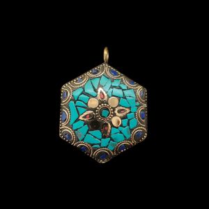 Tibetan Round Shaped Pendant Blue,Red With Gold Designs and Earrings
