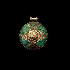 Tibetan Round Shaped Pendant Blue,Red With Gold Designs and Earrings