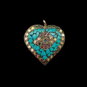 Tibetan Round Shaped Pendant Blue,Red With Gold Designs and Earrings