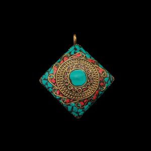 Tibetan Round Shaped Pendant Blue,Red With Gold Designs and Earrings