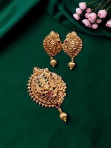 Navrabeads Traditional Lakshmi Gold Finish Pendant with Matching Earrings Set for Jewellery Making
