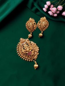 Navrabeads Traditional Lakshmi Gold Finish Pendant with Matching Earrings Set 