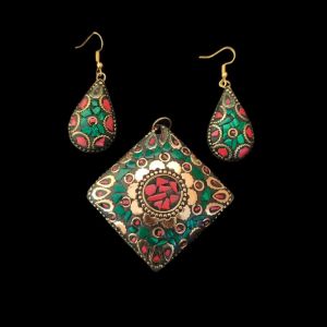 Tibetan Diamond Shaped Pendant With Gold Designs and Earrings
