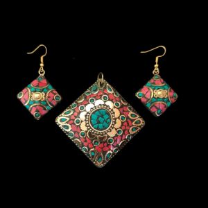 Tibetan Hexagon Shaped Pendant With Gold Designs and Earrings