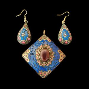 Tibetan Hexagon Shaped Pendant With Gold Designs and Earrings