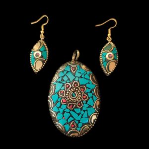 Tibetan Hexagon Shaped Pendant With Gold Designs and Earrings