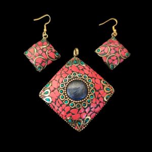 Tibetan Hexagon Shaped Pendant With Gold Designs and Earrings