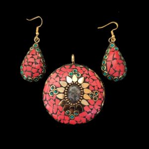 Tibetan Hexagon Shaped Pendant With Gold Designs and Earrings