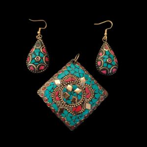 Tibetan Hexagon Shaped Pendant With Gold Designs and Earrings