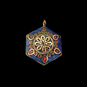 Tibetan Hexagon Shaped Pendant Turquoise,Blue With Gold Designs 