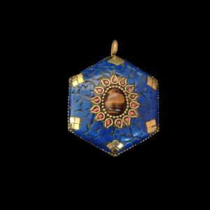 Tibetan Hexagon Shaped Pendant Turquoise,Blue With Gold Designs 