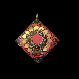 Tibetan Hexagon Shaped Pendant Turquoise,Blue With Gold Designs 