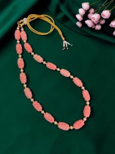Navrabeads Synthetic Coral Carved Beads with Swarovski Replica Gold Pearls Necklace
