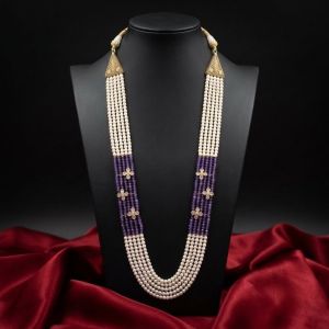 Navrabeads Swarovski Replica Pearls with Polki Flowers and Agate Beads Necklace