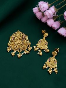 Navrabeads Antique Gold Finish Ganesha Pendant Set with Matching Earrings – Traditional Temple Jewellery for Women | Pink & Green Stone