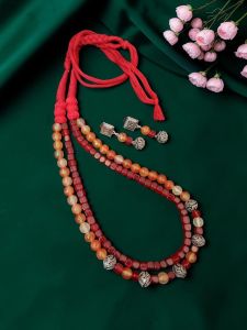 Navrabeads Agate & Onyx Beads Necklace with German Silver Spacers and Cotton Dori