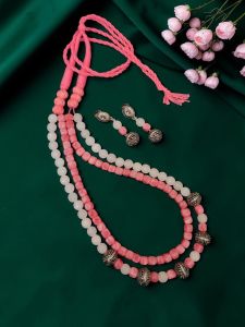 Navrabeads Agate & Onyx Beads Necklace with German Silver Spacers and Cotton Dori