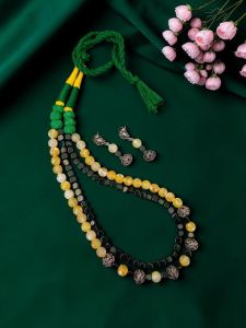 Navrabeads Agate & Onyx Beads Necklace with German Silver Spacers and Cotton Dori