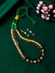 Navrabeads Agate & Onyx Beads Necklace with German Silver Spacers and Cotton Dori