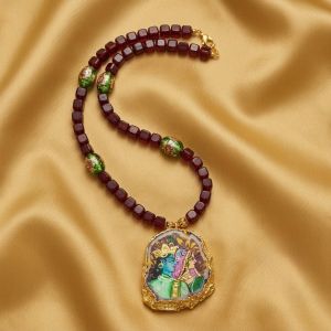 Navrabeads Radha Krishna Hand Painted Pendant Necklace with Japanese Beads & Square Agates – 20 Inch