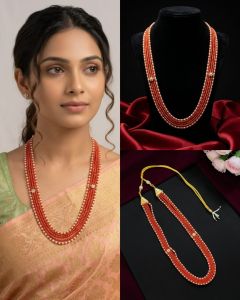 Navrabeads Coral Stone Beads with Swarovski Replica Pearls – 22 Inch Necklace 