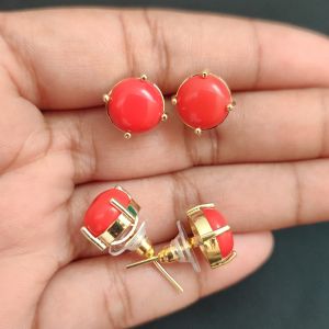 Navrabeads AD Round Earrings Red Coral| Elegant Round Earrings for Women & Girls | 1 Pair