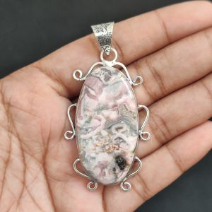 Navrabeads Premium Quality Natural Gemstone Rhodochrosite Pendant for Women | Silver Finish